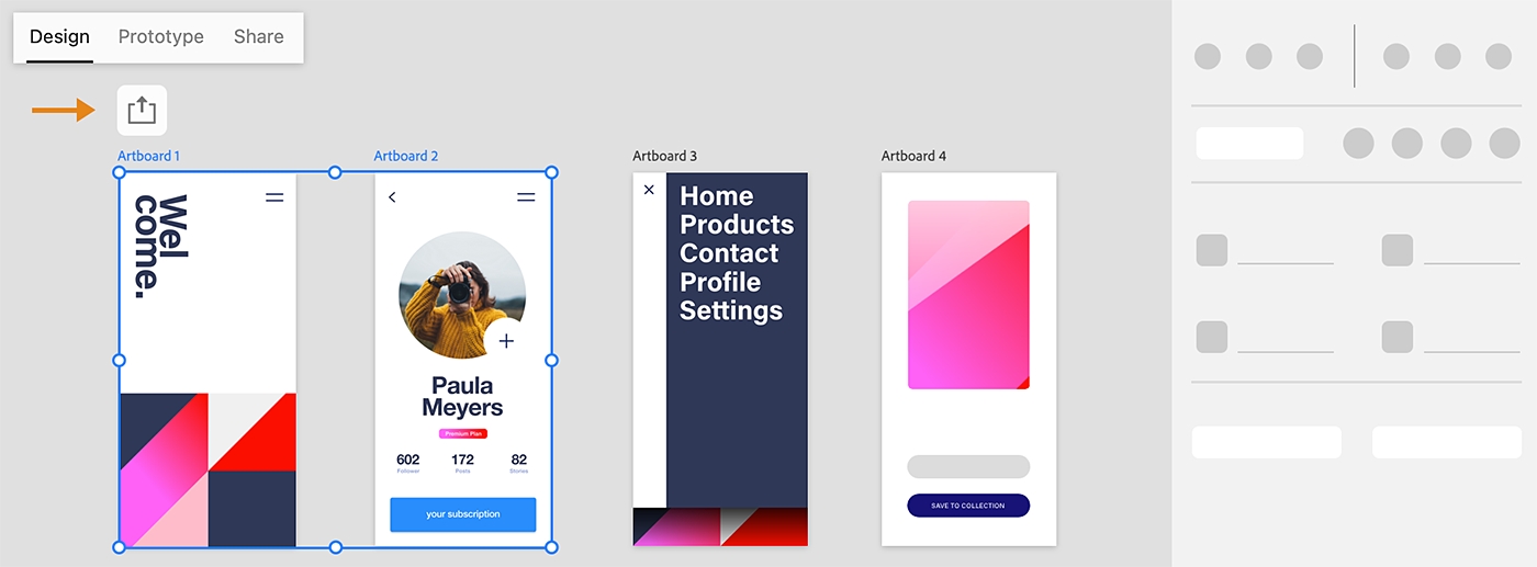 Share selected artboards from the Design mode